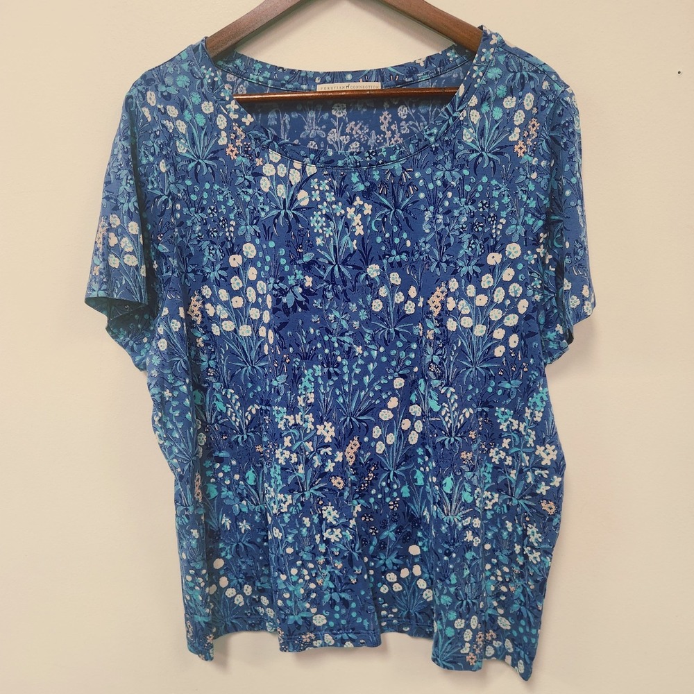 Peruvian Connection Womens Short Sleeve Round Neck T Shirt Size XL Blue Floral